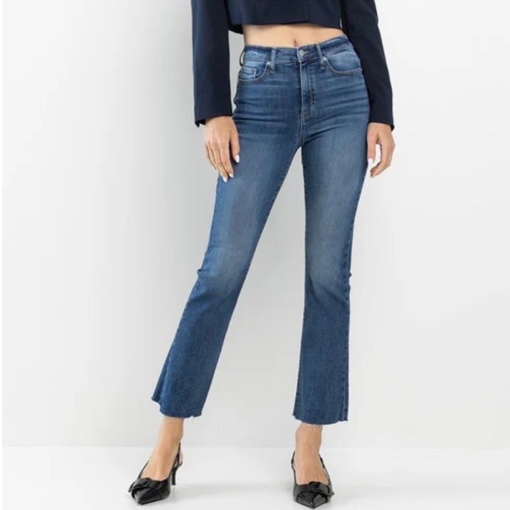 Pilcro by Anthropologie High Rise Flare Crop Denim Jeans Medium Wash Raw Hem 27"